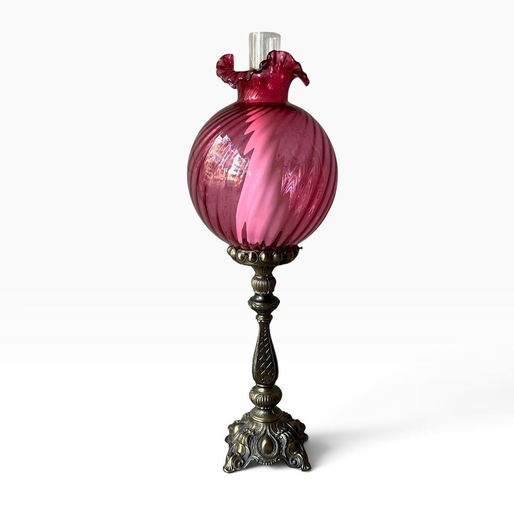 Vintage Cranberry Pink Swirl Glass Tall Electric Victorian-Style Parlor Lamp 28”